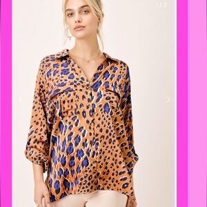 fab'rik Leopard Print Button Down Shirt - Orange and Blue